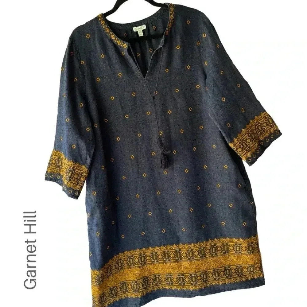Garnet Hill Navy Midi Tunic with Mustard Border